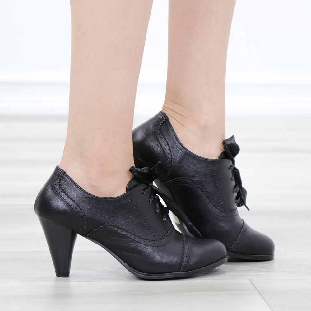 Laced-Up Low Cut Ankle Boots Women's Heeled Oxford - Picture 3 of 15